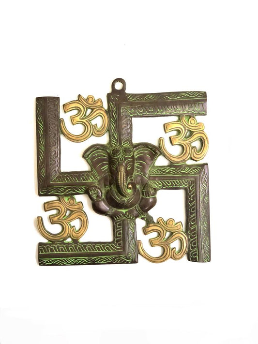 Swastik Brass Wall Décor With Om & Ganesh Vintage Lifestyle Crafts Tamrapatra Pack of 25