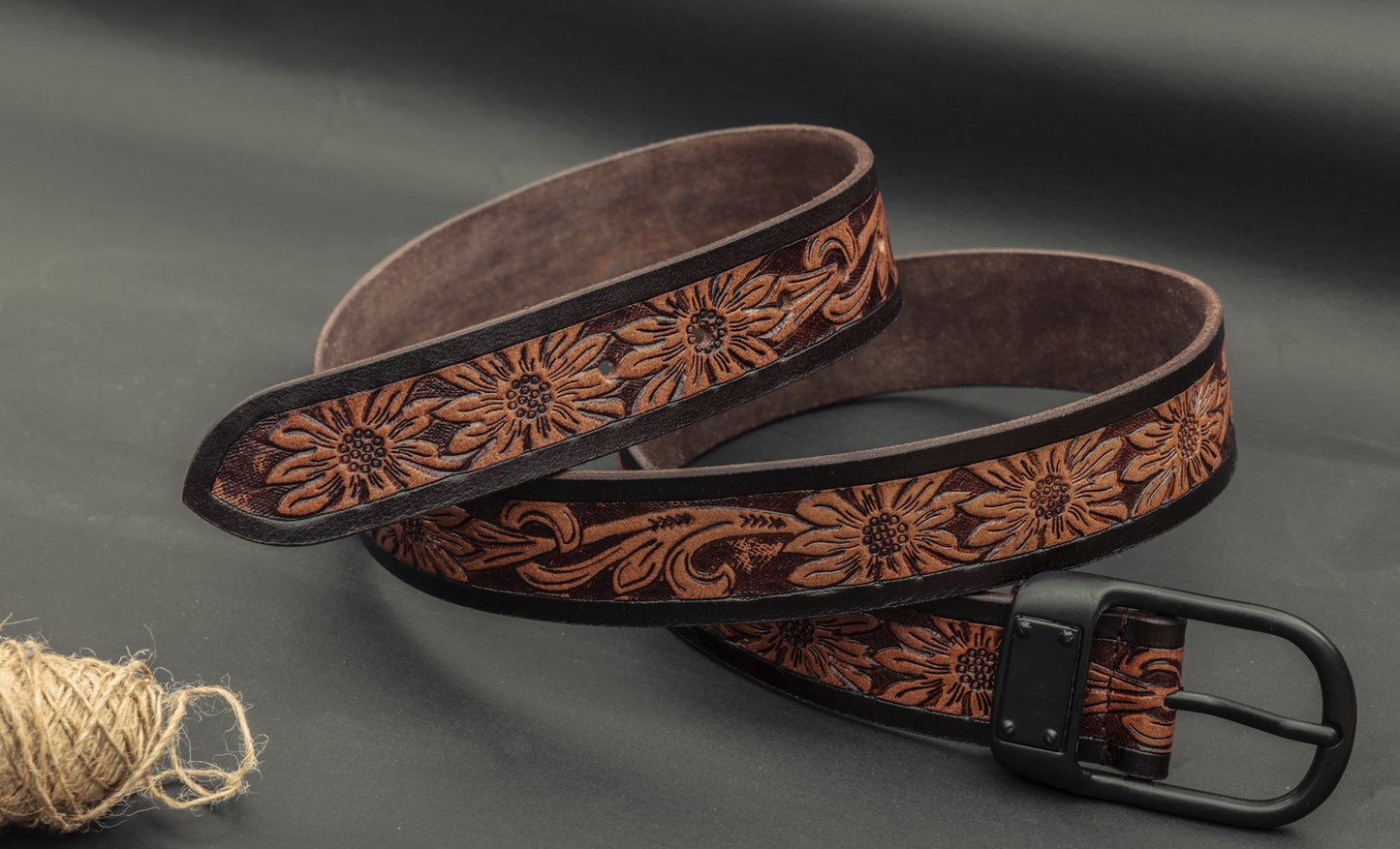 Hand-Carved Leather Belt with Mat Black Buckle, Art: LB-803 Pack of 50