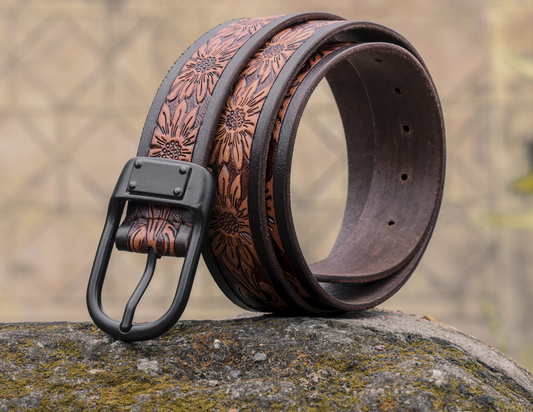 Hand-Carved Leather Belt with Mat Black Buckle, Art: LB-803 Pack of 50