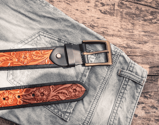 Premium Hand-Made Brown and Black Tooling Belt with Brass Antique Buckle. Art: LB-802 Pack of 50
