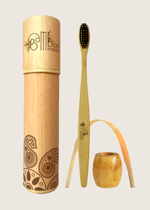 Bamboo Toothbrush Charcoal Adult - Soft with Tongue Cleaner & Holder Pack of 50