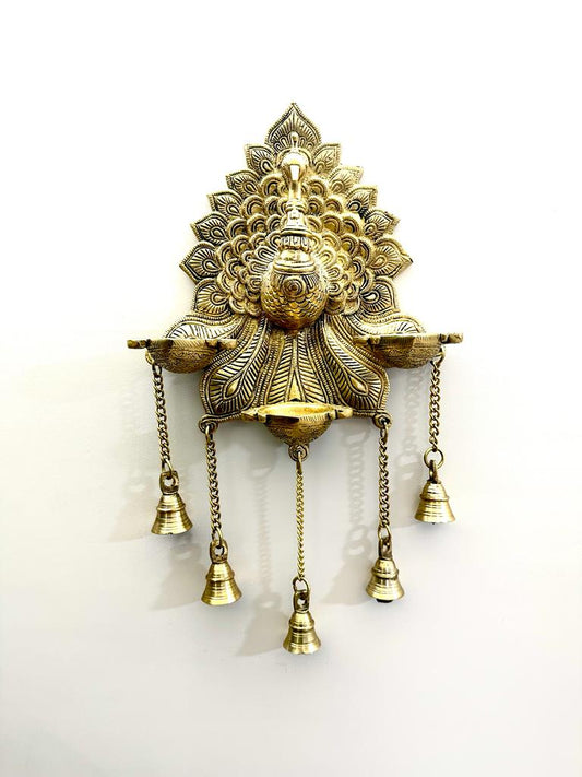 Big Peacock Brass Hangings With Diya Wall Décor Attractive Bells By Tamrapatra Pack of 25