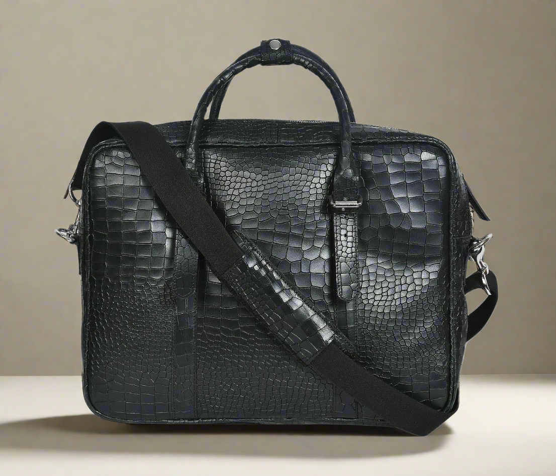 Black color croco texture pure leather laptop bag for office use with holdall and shoulder strap,  Art: BG-1701 Pack of 25
