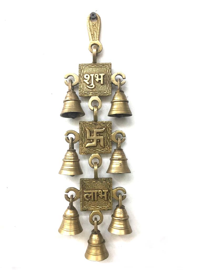 Brass Artwork Shubh Labh Swastika Hanging Auspicious With 7 Bells Tamrpatra Pack of 50