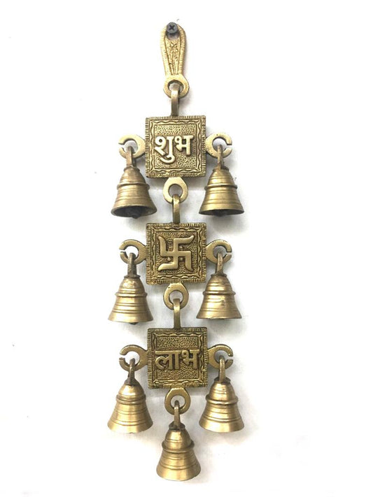 Brass Artwork Shubh Labh Swastika Hanging Auspicious With 7 Bells Tamrpatra Pack of 50
